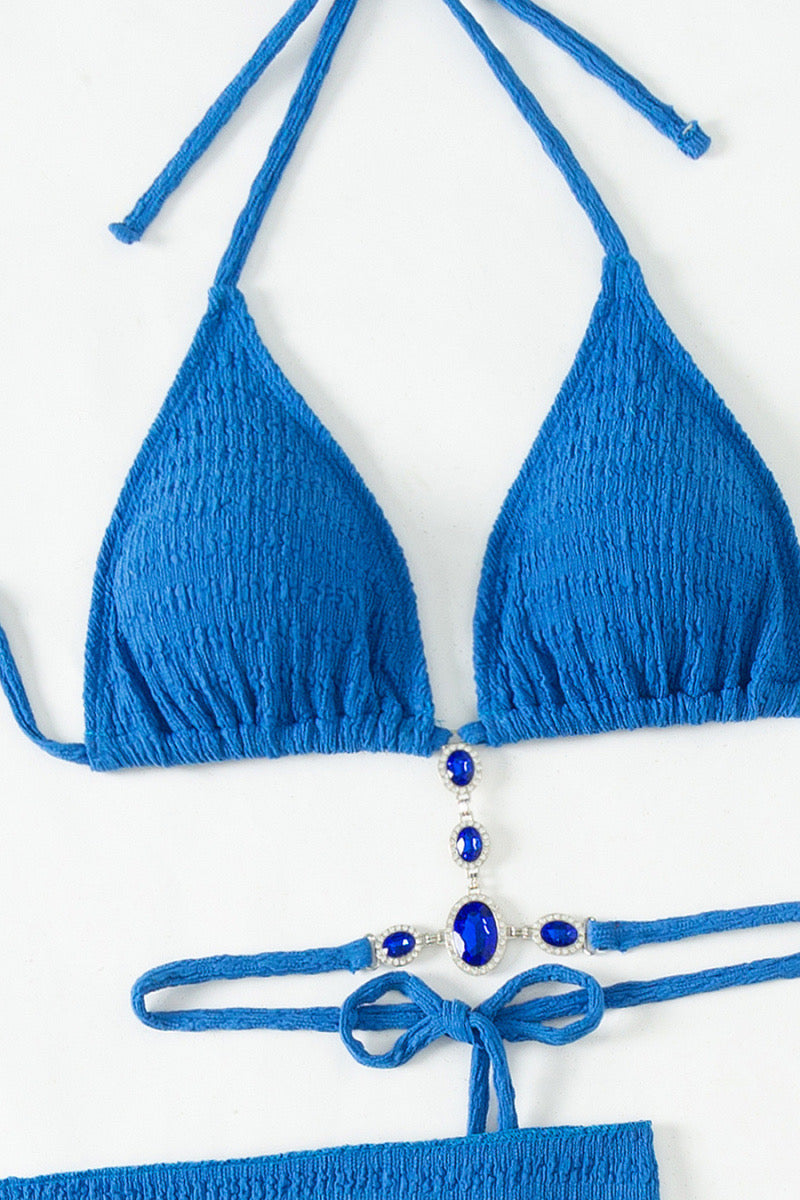 Island Blue Jeweled Accent Three Piece Bikini