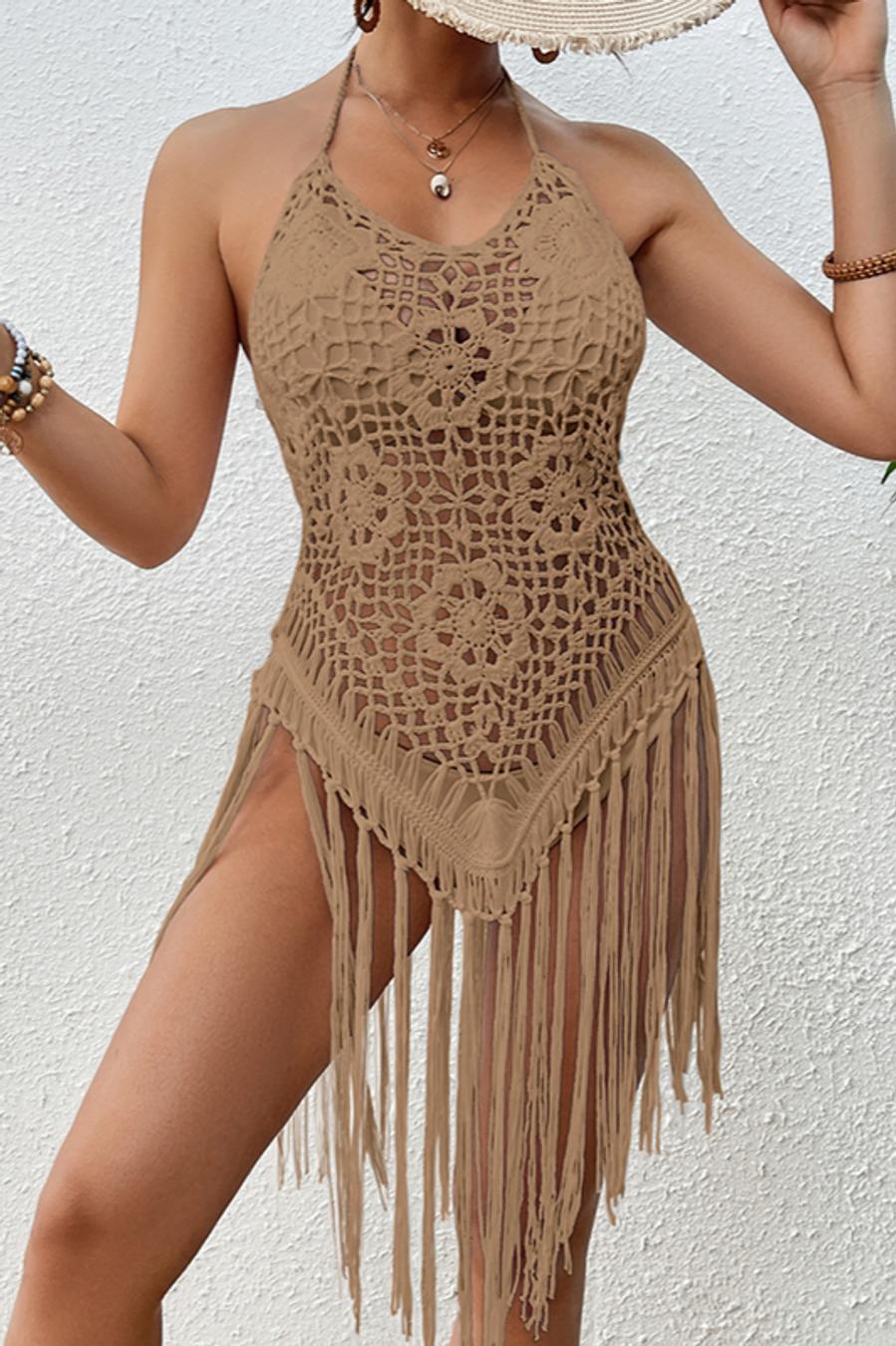 Halter Style Crochet Coverup  With Cut-Outs and Tassels   (5 Colors)