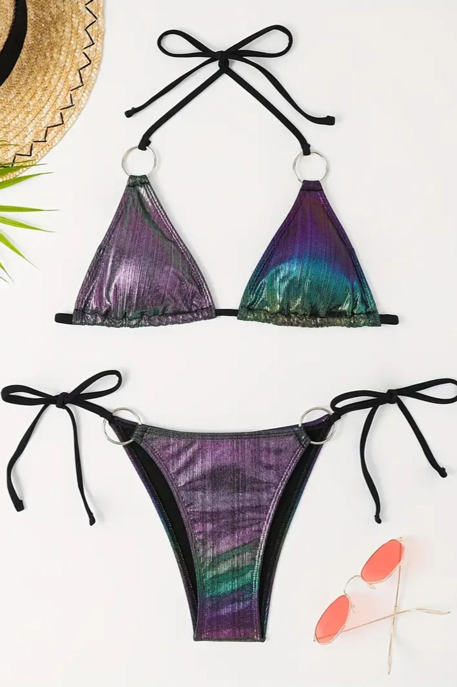 Holographic Padded Halter-Neck Ring Linked Triangle Bikini