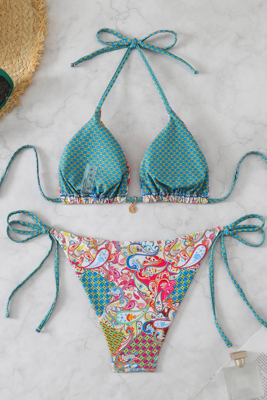 Paisley Graphic Print Metallic Pendant  Halter-Neck Bikini