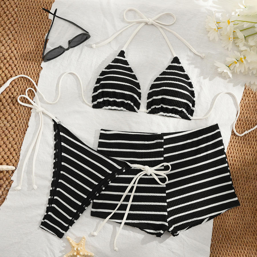 Textured Stripe Padded Halter-Neck Lace-up Three-Piece Bikini