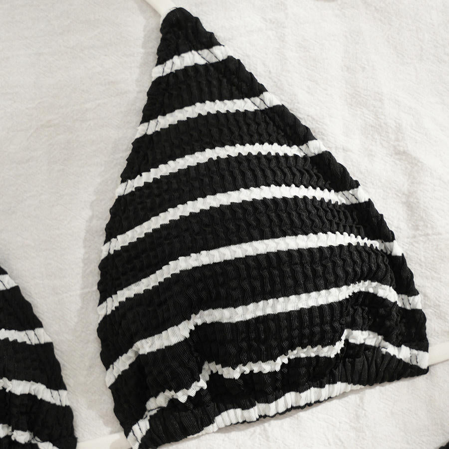 Textured Stripe Padded Halter-Neck Lace-up Three-Piece Bikini