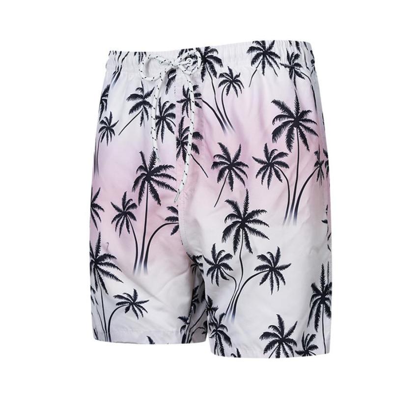 Men's White Palm Tree Print Swim Trunks Quick with Draw String and Pockets
