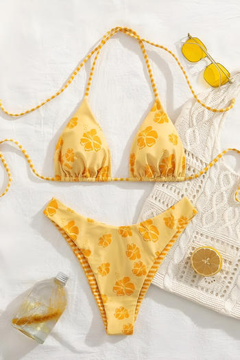 Yellow Floral Print Triangle Bikini Set