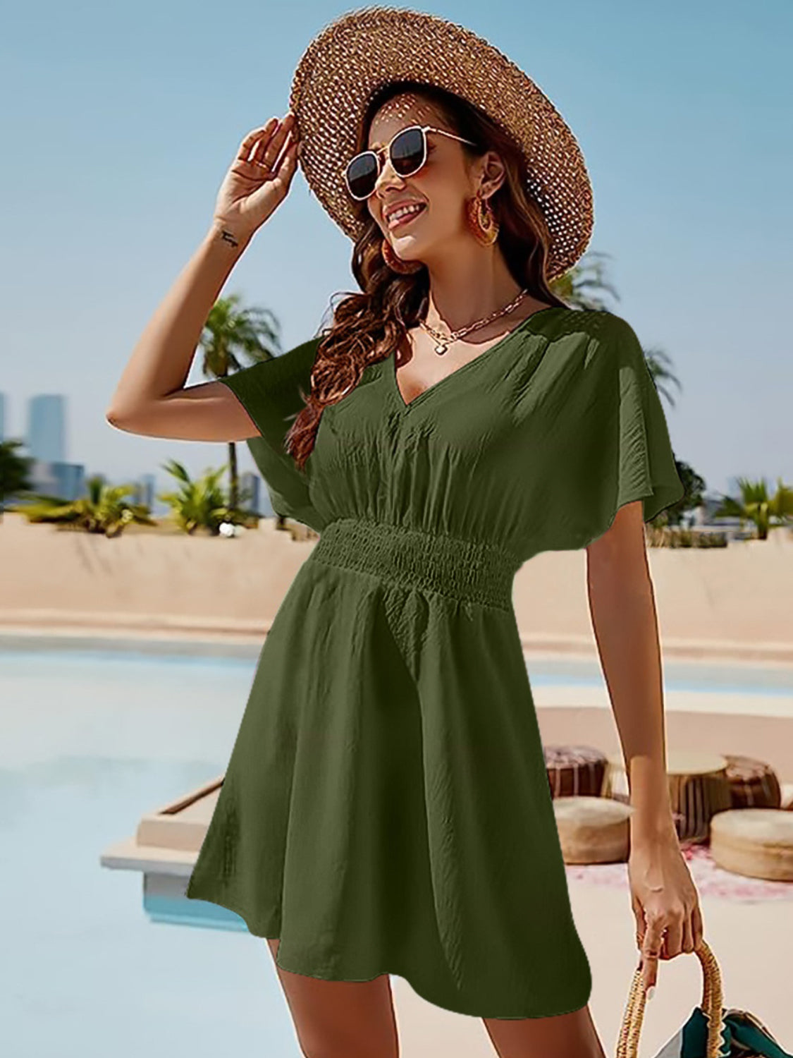 Smocked V-Neck Short Sleeve Dress – Beach Groove Swimwear