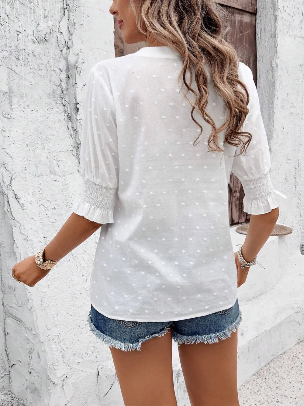 Eyelet Notched Flounce Sleeve Blouse