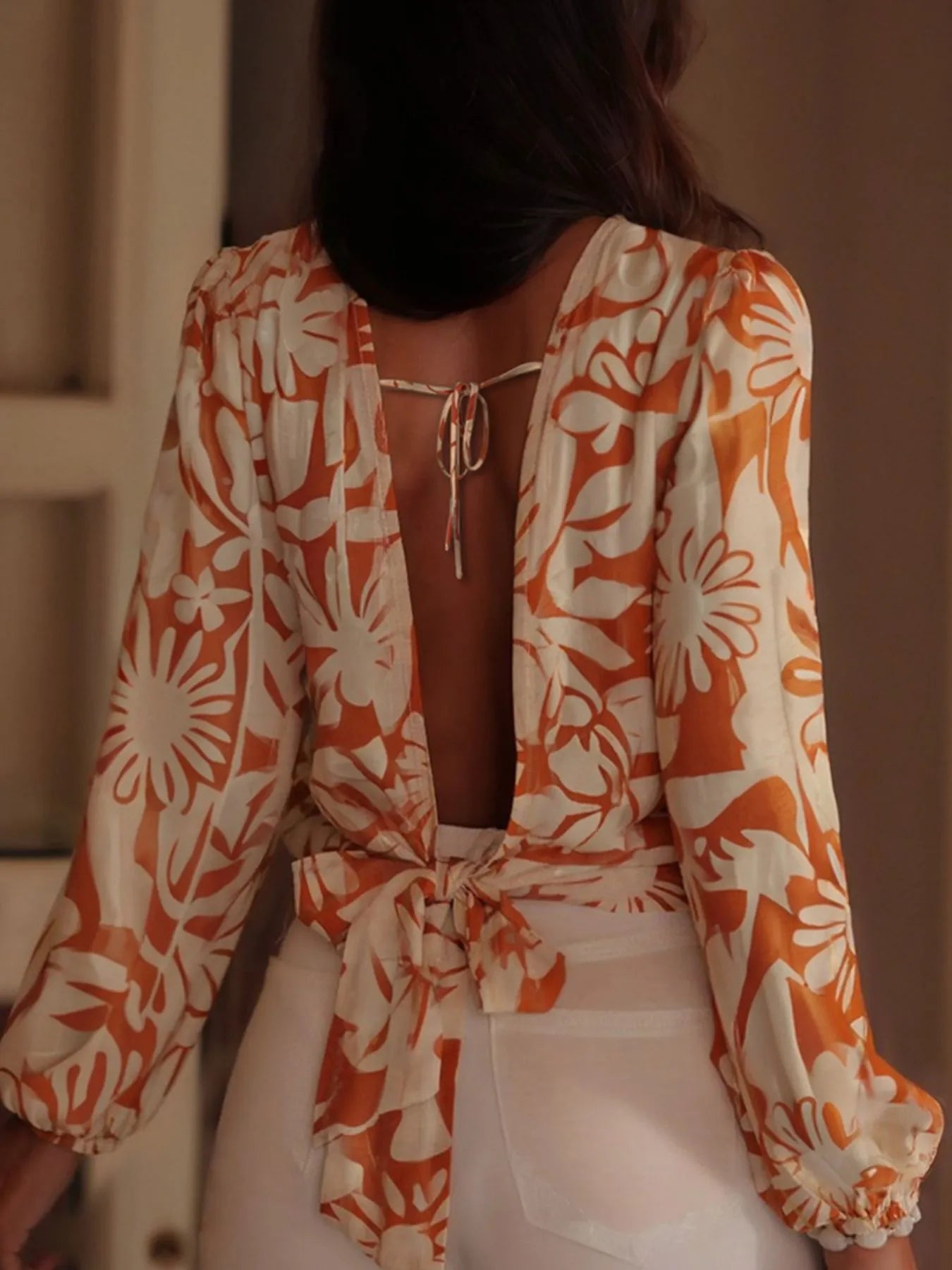 Floral Tie Backless Balloon Sleeve Blouse