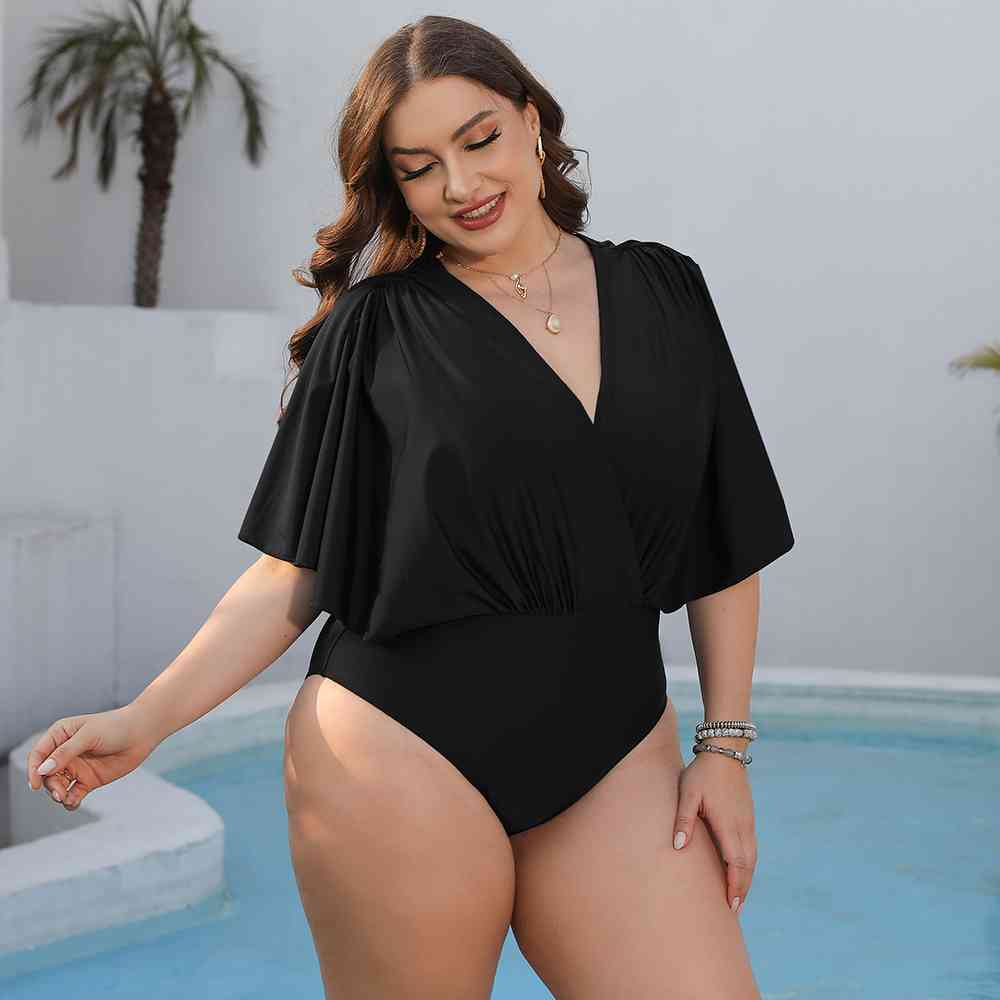 Black Plus Size Ruched Surplice Neck One-Piece Swimsuit
