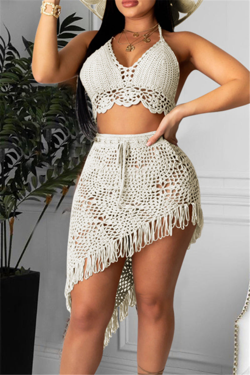 White Crochet Halter Top and Matching Crochet Sarong Cover-up