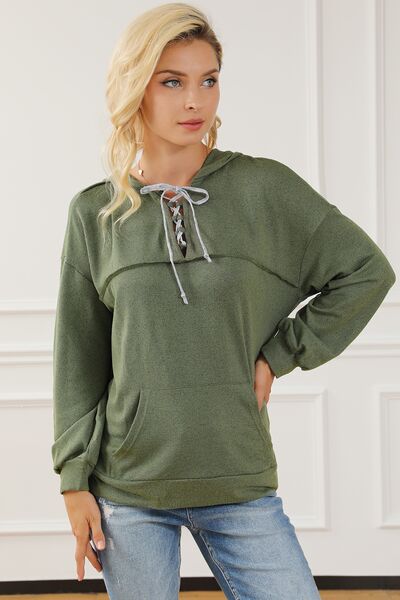 Lace-Up Exposed Seam Hoodie with Pocket
