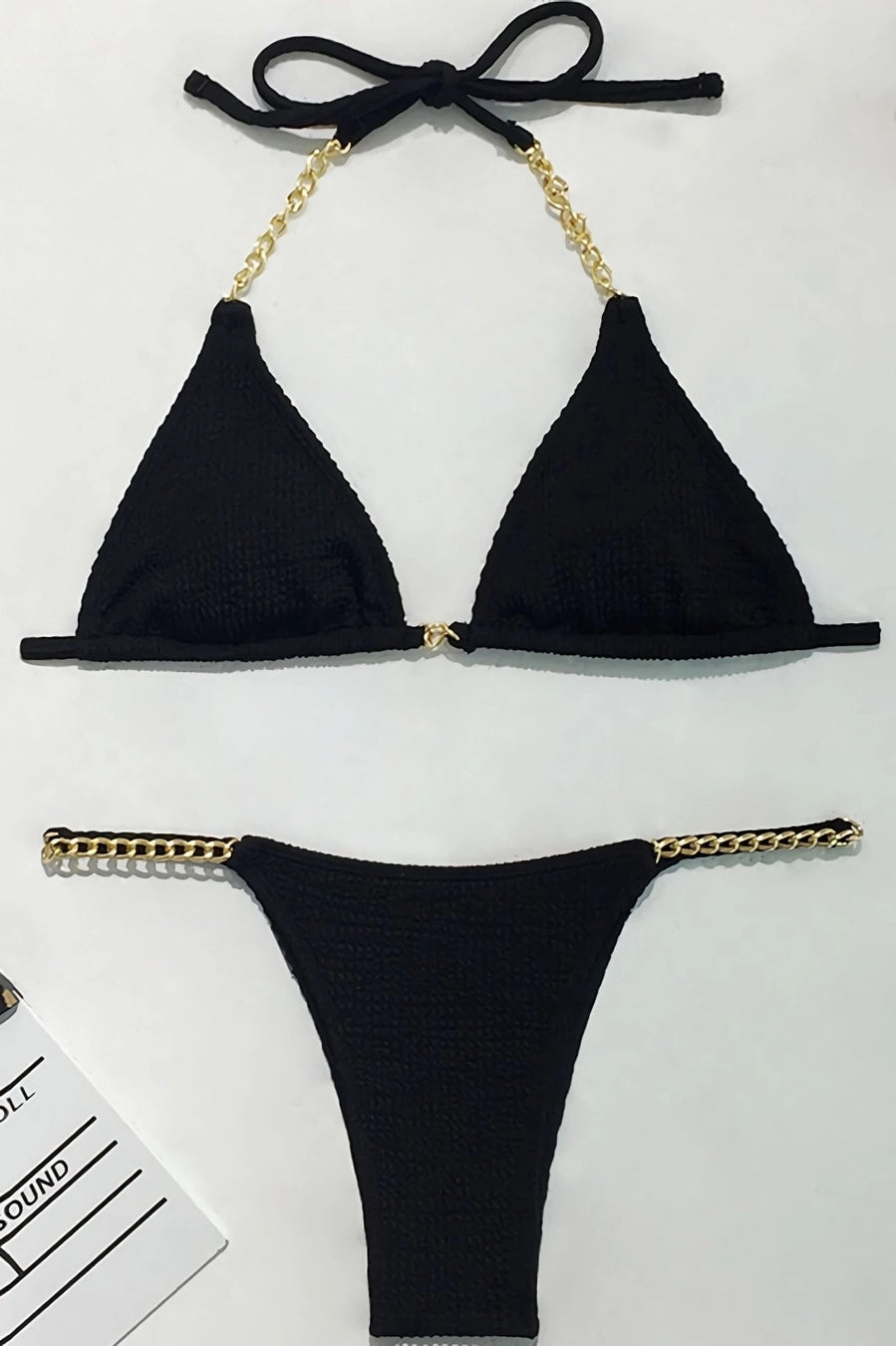 Black Halter-Neck Metal Chain Linked Triangle Thong Bikini – Beach