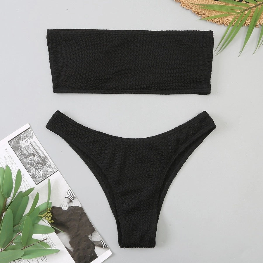 Textured Two-Piece Padded Bandeau Top Thong Bikini Bottom (Sold in multiple colors)
