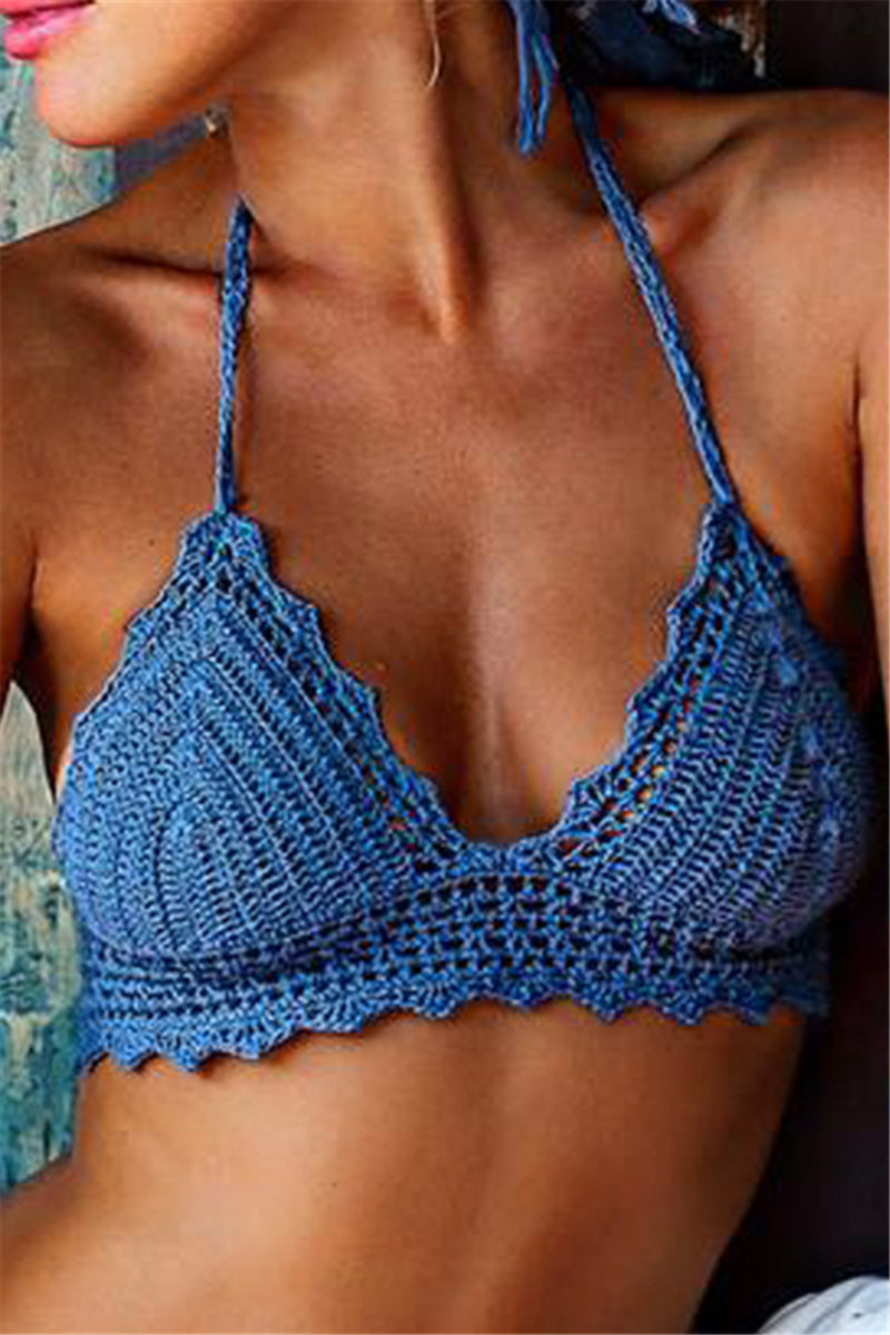 Crop Top Crochet Mid Waist Blue Elephant Print Bikini Set Swimwear Bikini  Holiday Fashion 