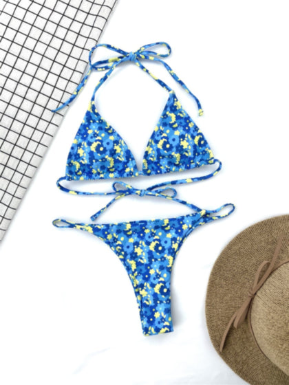 Blue Floral Thong String Bikini (Top and Bottom Sold Separately)