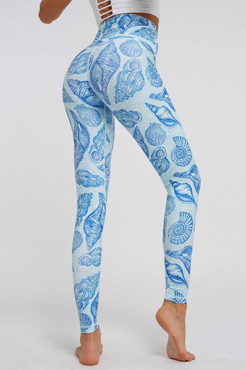 Blue Sea Shell Print High Waist Yoga Pants