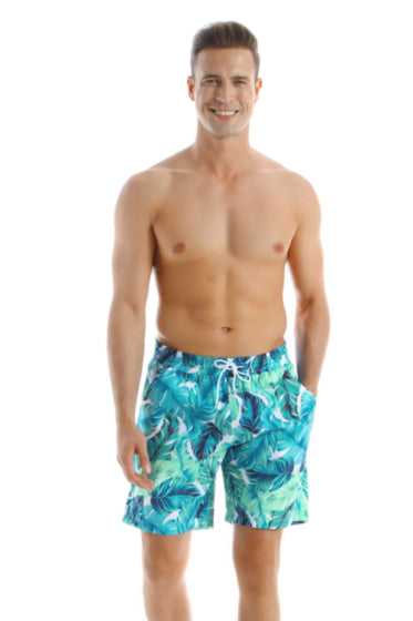 Men's Blue/Green leaves Print With Pockets Swim Trunks