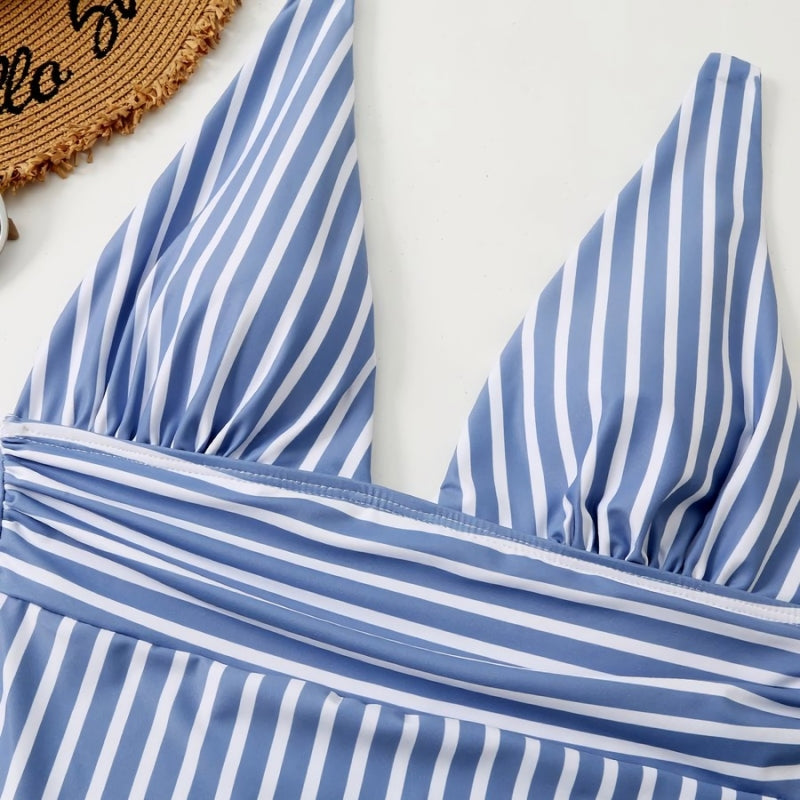 Blue and White Striped Padded One-Piece Swimsuit