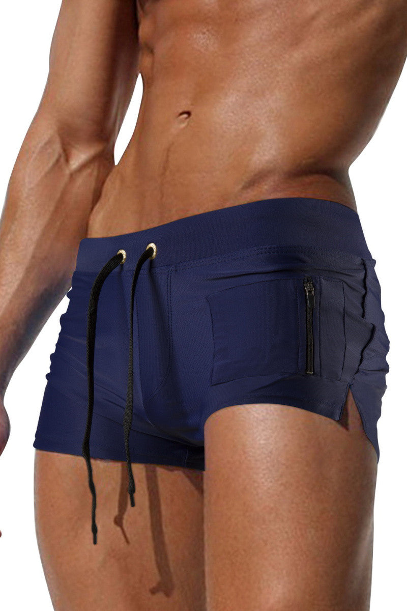 Men's Dark Blue Lace Up Swim Trunk With Flat Zip Pocket
