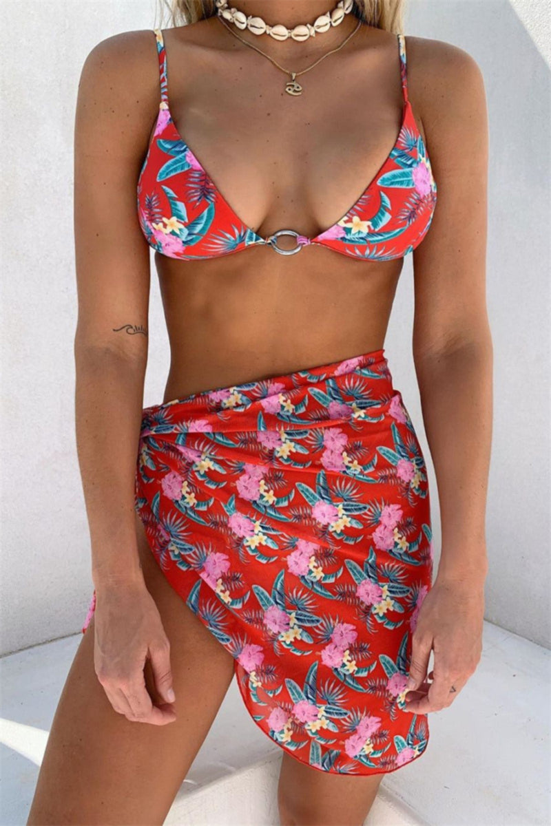 3-Piece Floral Thong Bikini With Matching Cover-up