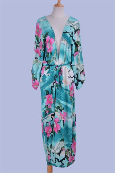 Green Floral Beach Kimono With Tie Belt (One size)