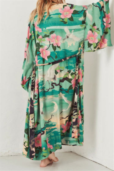 Green Floral Beach Kimono With Tie Belt (One size)