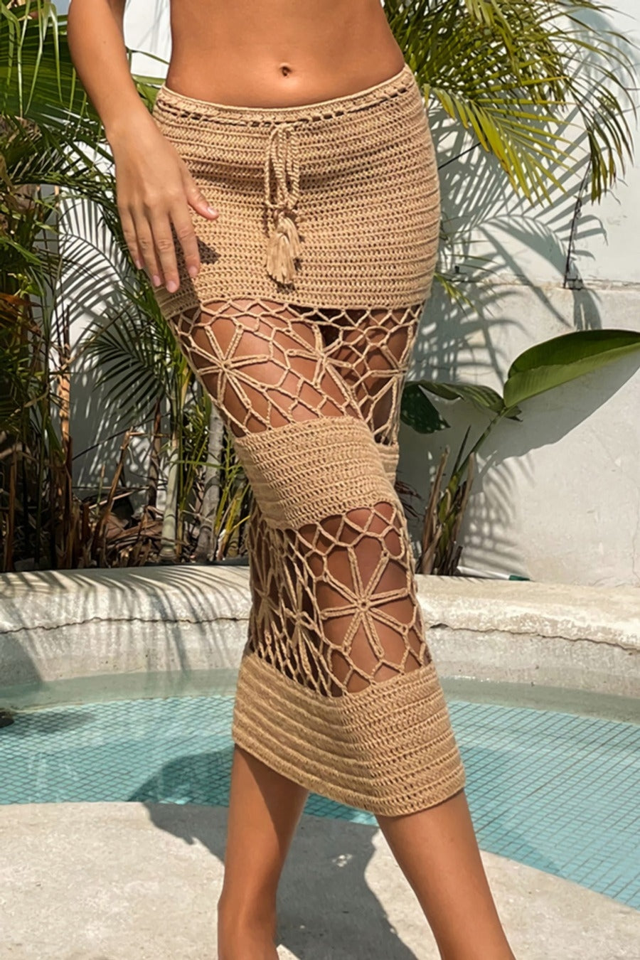 Khaki Knitted Micro-Elastic Tie-Waist Beach Midi Skirt Cover-ups (Skirt Only)-One Size