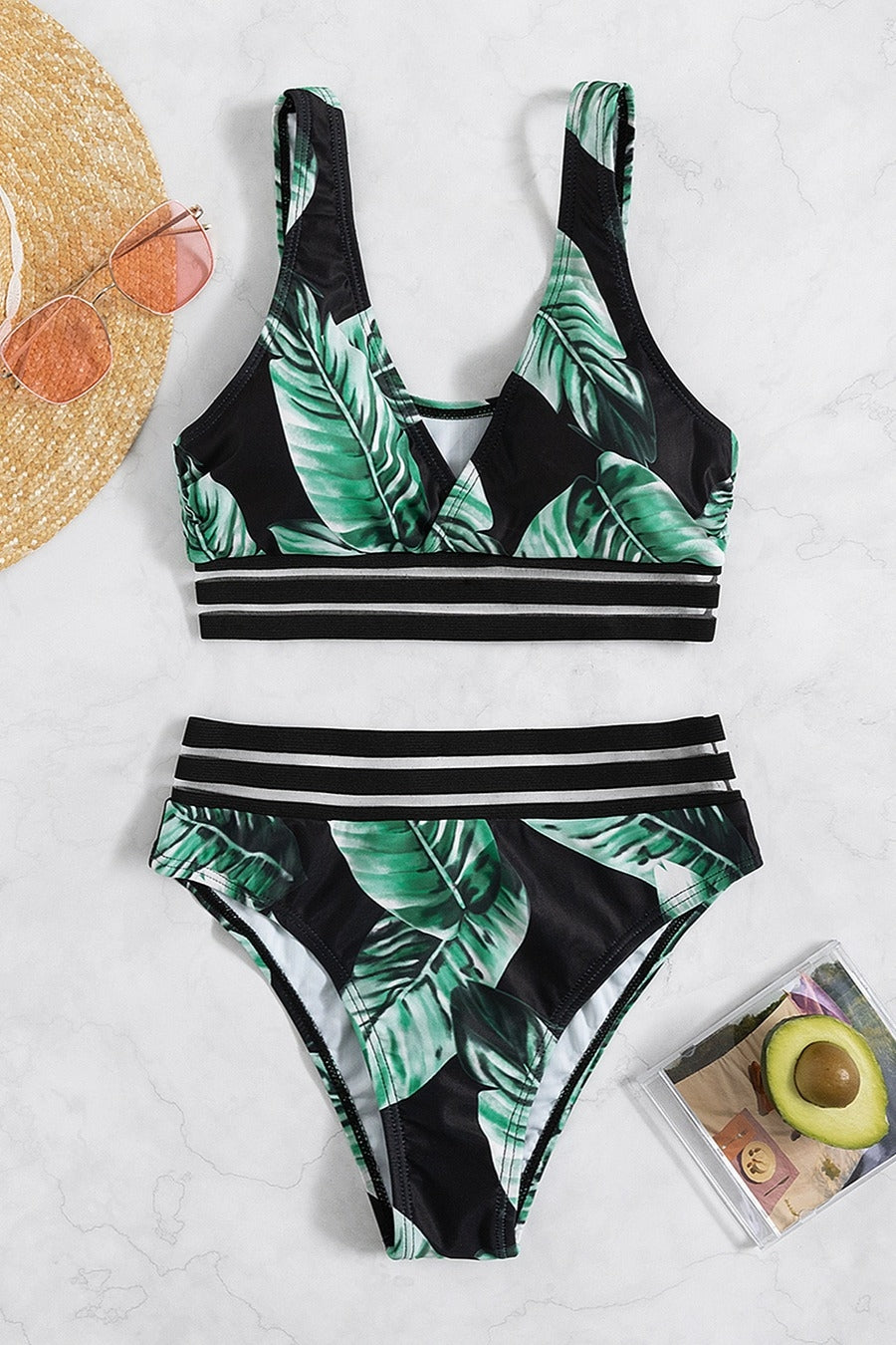 Leaf Print Padded High Waisted Two-Piece Swimwear (Top and Bottom Sold Separately)
