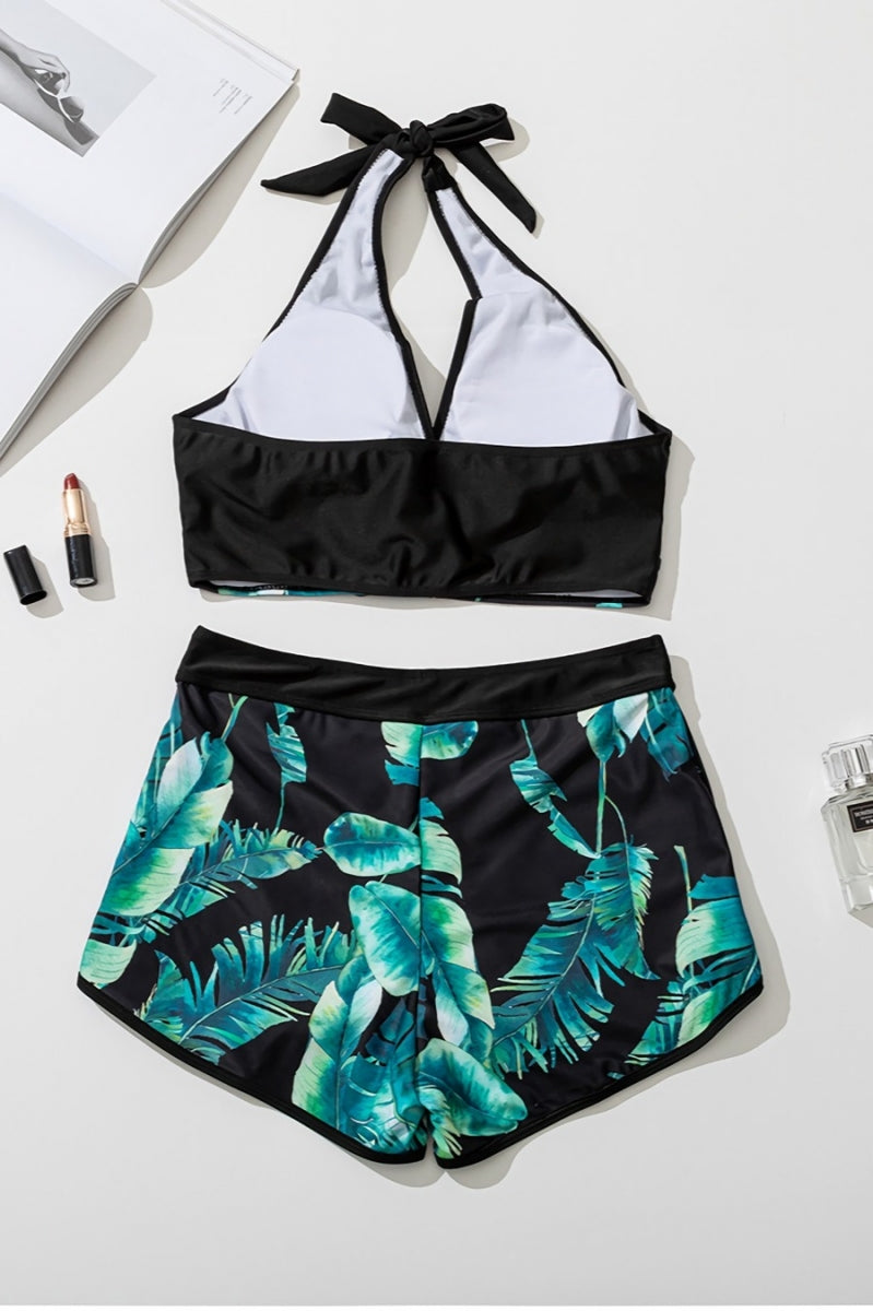Leaf Print Halter Style Bikini with Sassy Short Bottom Plus Sizes Available (L-4XL)