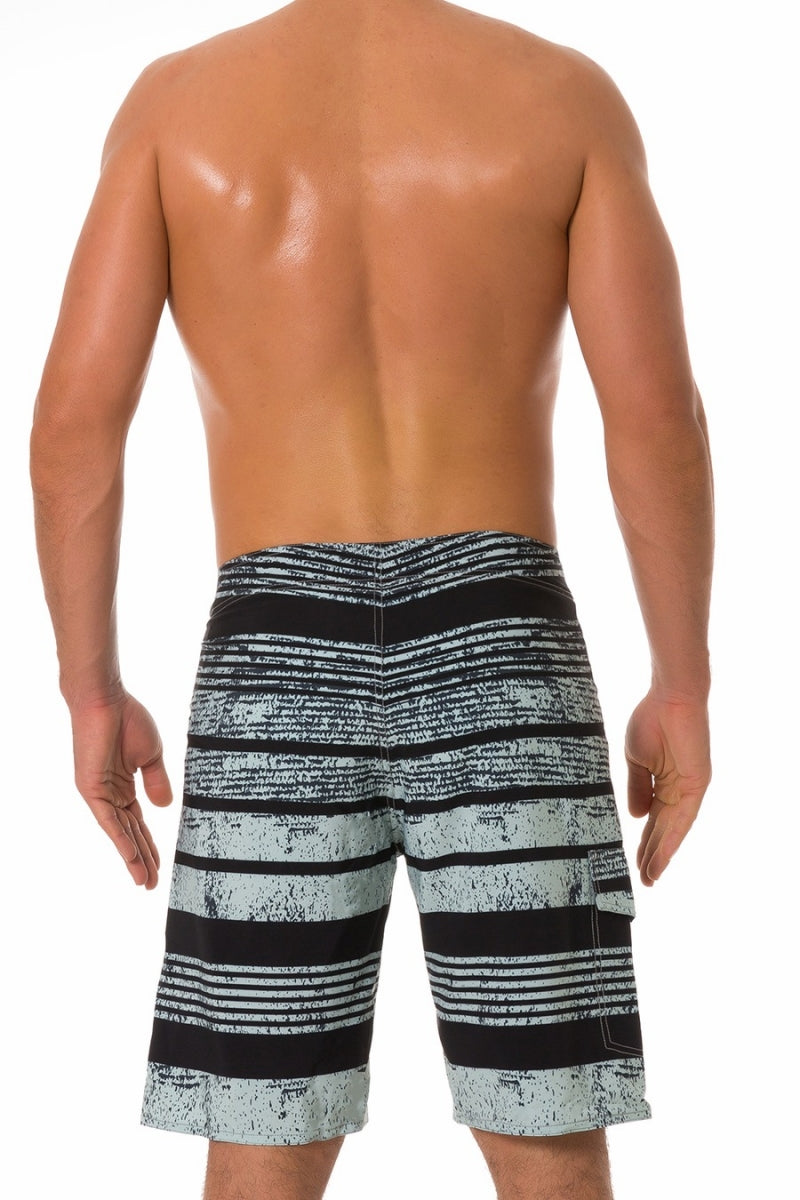Men's Stylish Light Green and Black Striped Board Shorts with Pockets (Sizes S-5XL)