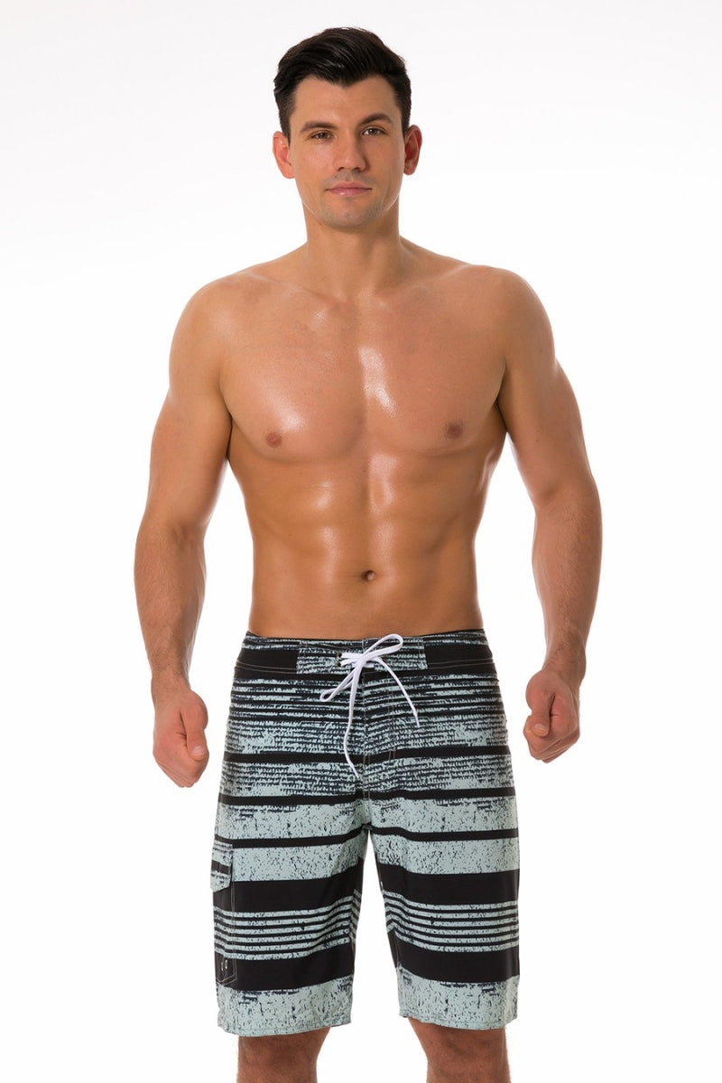 Men's Stylish Light Green and Black Striped Board Shorts with Pockets (Sizes S-5XL)