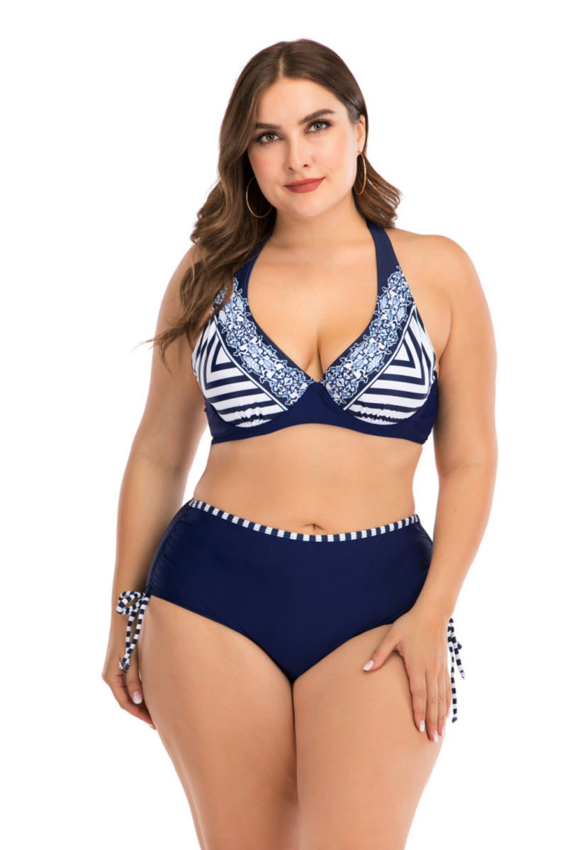 Navy and White Halter Style Bikini (Available In Plus Sizes)