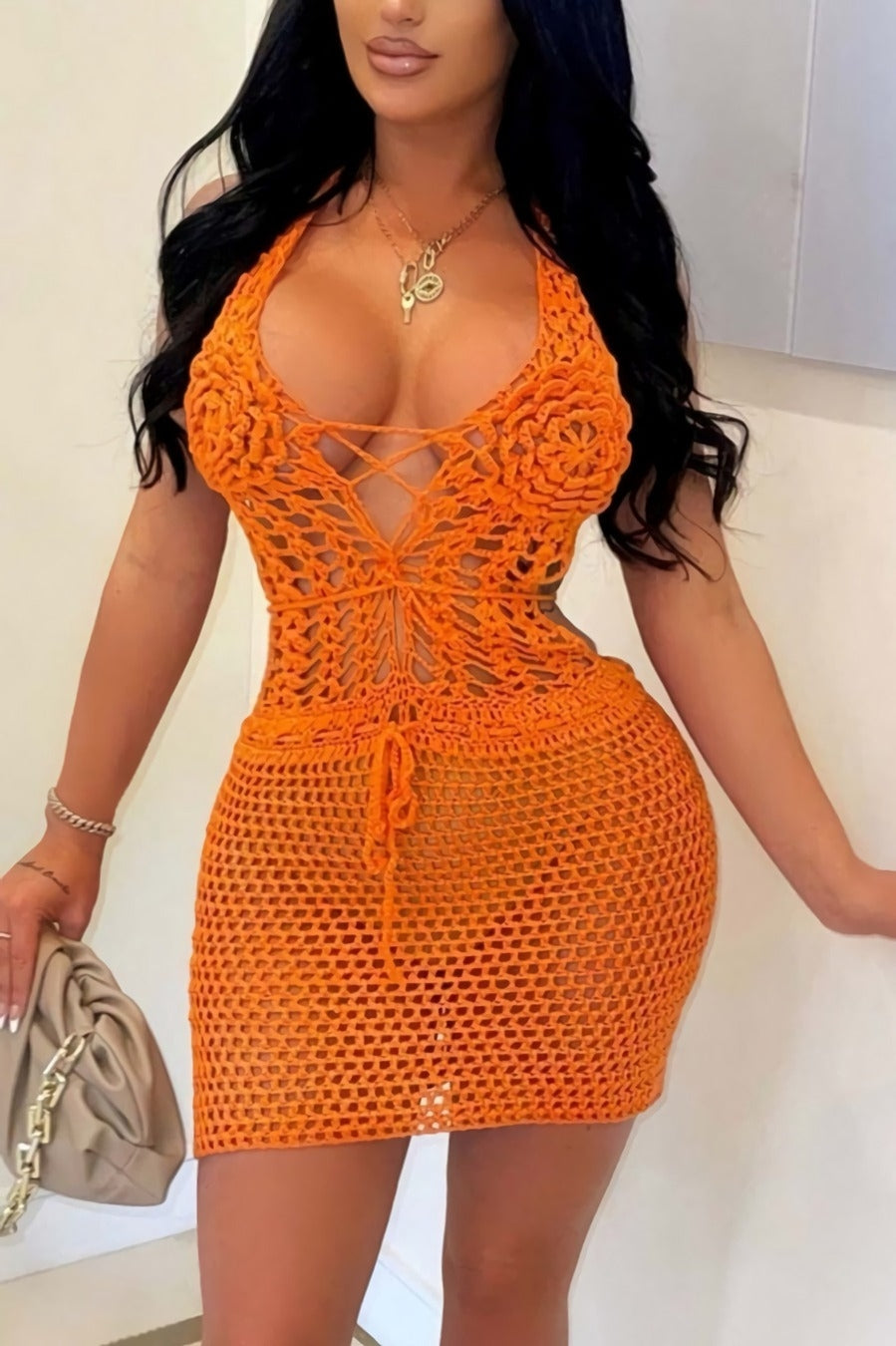 Crochet Knitted Halter Cover-up Dress (Sold in Multiple Colors)