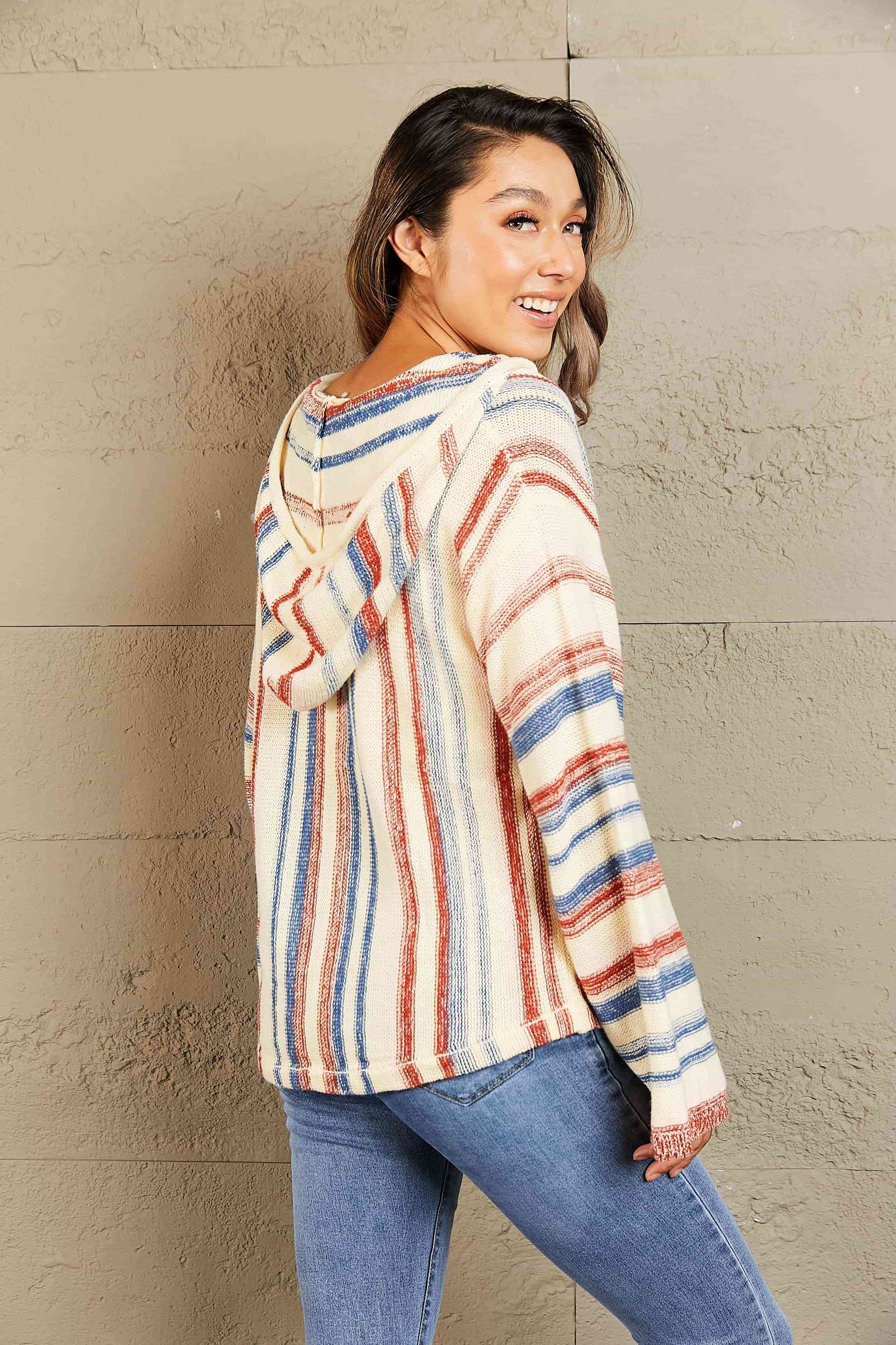 Striped Hooded Sweater with Kangaroo Pocket