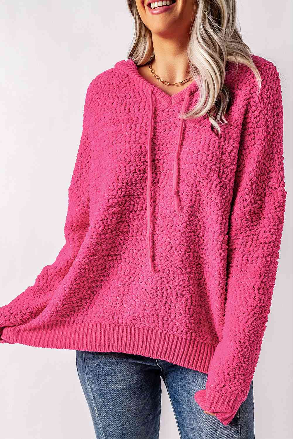 Hot Pink Popcorn Knit Slit Hooded Sweater
